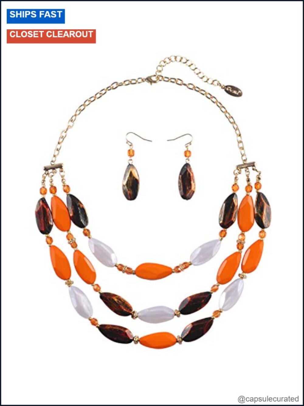 3 Layer Beaded Statement Necklace Earring Set with Lobster Clasp